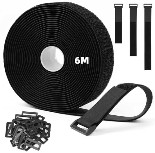 HOTUT Bridas Reutilizables para Cables de 6m x 3.8cm con 25 Hebillas, Ajustables de Nylon con Gancho y Bucle, Cortables a la Longitud Deseada, Cintas de Sujeción para Organizador Management de Cables