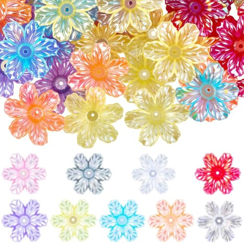 SUNNYCLUE 1 låda 50 st akrylblommor pärlor genomskinliga blommor pärlor plast transparent slumpmässigt blommigt glänsande klockblomma berlocker kepsar för hantverk gör-det-själv armband halsband