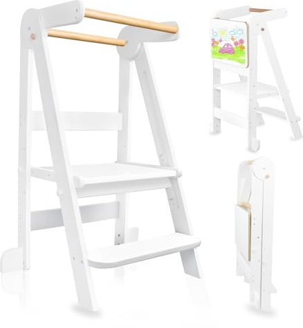 Uuoeebb Foldable Learning Tower, Wooden Step Stool for Kids with 3 Adjustable Height, Kitchen Folding Learning Tower for Child with Magnetic Whiteboards 1-6 Years Children Stool