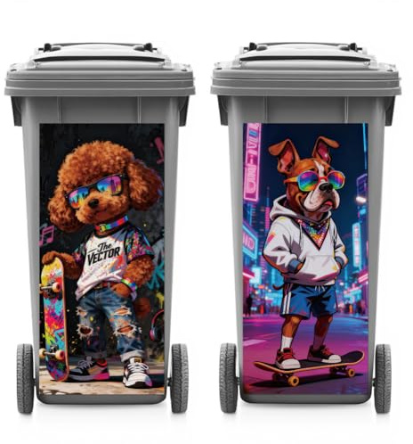 ANATTASOUL 2 Sheets Animal Wheelie Bin Stickers Cool Glasses Dog and French Bull Waterproof Dustbin Covers Decor, 14.9x 32.2 Large Decal for Bins, Fridge, Wall, Garden Outdoor, Indoor Decoration