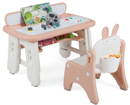 COSTWAY Set Tavolo e Sedia per Bambini, Tavolo e Sedia per Bambini con Mensola Ribaltabile, Lavagna Magnetica Cancellabile, Altezza Regolabile, per Camera da Letto, Sala, Giochi per Ragazzi (Rosa)