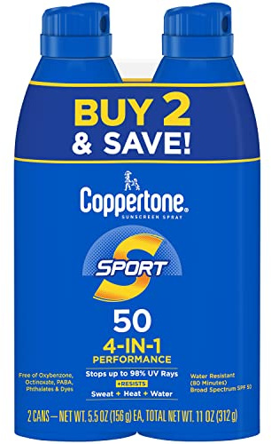 Coppertone Sport SPF 30 Sunscreen Spray, Body Sunscreen, Water Resistant Spray Sunscreen, 5.5 Oz, Pack of 2 (Packaging May Vary)