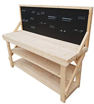 Wooden Acorn Workbench With Two Shelves With Peg Board - 46 Piece Peg Kit INCLUDED - 4FT To 6FT - Made Of Kiln Dry Timber - Industrial/Garage Work Table Handmade (6ft)