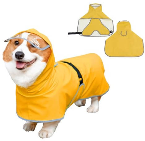 Luccalily Dog Poncho Hooded Raincoat for Puppies & Small to Large Dogs, Reflective Strips for Night Safety, Lightweight & Adjustable Fit (Medium, Yellow)