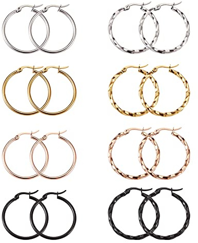 Cheriswelry Lot de 8 paires de boucles d'oreilles créoles en acier inoxydable - 4 couleurs - Anneaux ronds ouverts - Breloques pour fabrication de bijoux - pendantes - Cadeaux