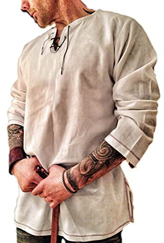 domorebest Chemise en Lin pour Homme - Manches Longues médiévales à col en V Laçage T-Shirts en Lin Chemise de Yoga Chemises de pêcheur Vintage Léger Confortable Respirant