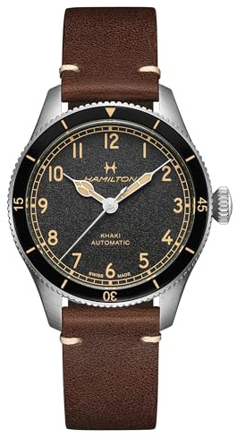 Hamilton Khaki Aviation Automatic Men's Watch, 38mm Stainless Steel Case, Swiss Made, Black Dial Analog Wrist Watch for Men, 100m Waterproof, Sapphire Crystal, 3-Hand Movement, Cow Leather Strap