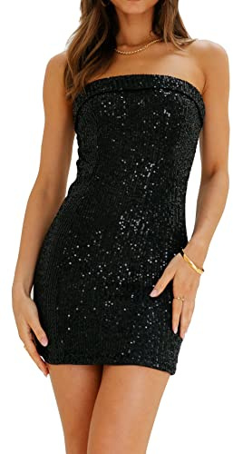 Cantonwalker Women's Black Sequin Dresses Strapless Tube Top Bodycon Mini Dress 0276 (M, Black Sequin)…