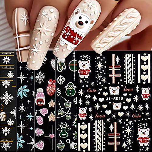 JMEOWIO 3D Nagelsticker Weihnachten 5 Blatt Nagelaufkleber 5D Stereoskopisch Selbstklebend Bärn-Schneeflocke-Schneemann-Herz-Rosa-Hut Nail Art Sticker Dekoration Nageldesign Zubehör