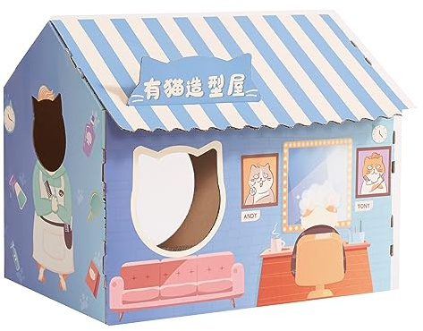 TITA-DONG Maison en Carton pour Chat, Boîte à Gratter pour Chat, Maison de Jeu pour Chat Réversible, Jouet à Gratter en Carton Ondulé Recyclable.(Salon de Coiffure)