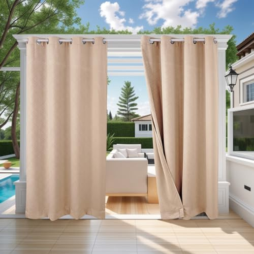 ele ELEOPTION Cortinas de Exterior, Resistentes al Agua, Protección UV, Cortina Exterior con Ojales, Cortina Opaca para Jardín, Patio, Balcón, Beige 1 3D Textured, 1 Trozo / 132 X 275cm