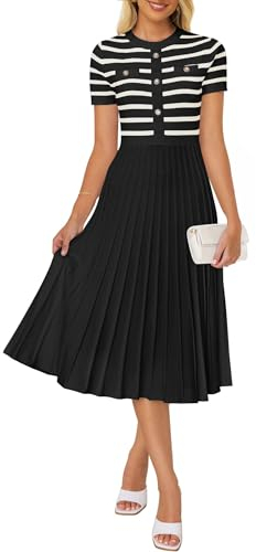 ZESICA Women's 2025 Casual Striped Midi Dress Crewneck Short Sleeve Button Ribbed Knit Swing Pleated A Line Dresses,Black,Large