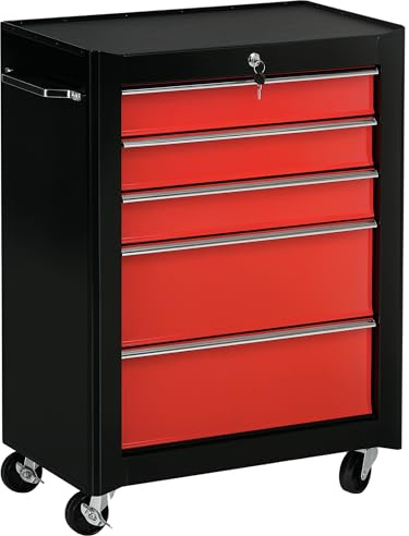 HOMCOM 5-Drawer Lockable Steel Tool Storage Cabinet with Wheels Handle 2 Keys Organisation Box Unit Chest Garage DIY Workshop Trolley Red