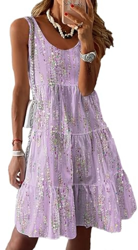 Yeenily Vestito Donna Stampa Floreale Abito Estivo Vintage Elegante Senza Manica Vestiti Casual Corta Abiti da Spiaggia (Rosa, XL)