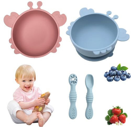 Aszaui 2 Stück Silikon Baby Schüsseln mit Saugnapf,Breischale Baby Schüsselbaby Teller mit Saugnapf,Silikonschüsseln Rutschfester Esslernteller für Babys,Lebensmittelqualitt Weiches BPA-freies Silikon