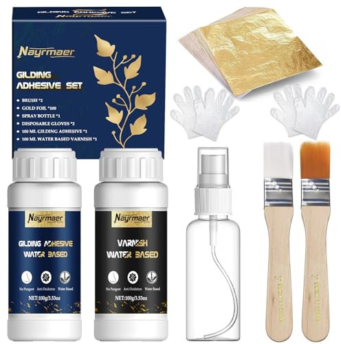 Nayrmaer Gilding Adhesive Set, Water Based Adhesive and Protective Varnish, Gold Leaf Sheets 100 pcs, 2 Brushes,1 Spray for Craft, Painting and Arts