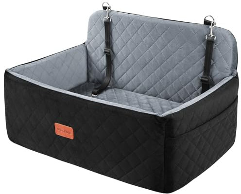 HEGGCOOE Dog Car Seat for Medium/Large Pet, Booster Seat for Under 55 lbs or 2 Small Dogs, Detachable & Washable Car Bed for Backseat with 2 Safety Leashes (Black/Grey)