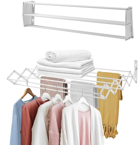 SHANN Tendedero Extensible Pared 60cm - Tendedero Plegable de Pared de Interior o Exterior de Acero Blanco - Tendedro con 9 Barras y 5 Metros de tendido
