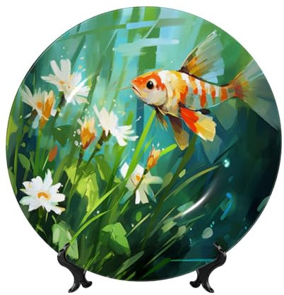 Piatti decorativi con fiori e pesci – Piatti in porcellana Bone China con espositore e gancio – Da appendere alla parete e decorazione da tavolo