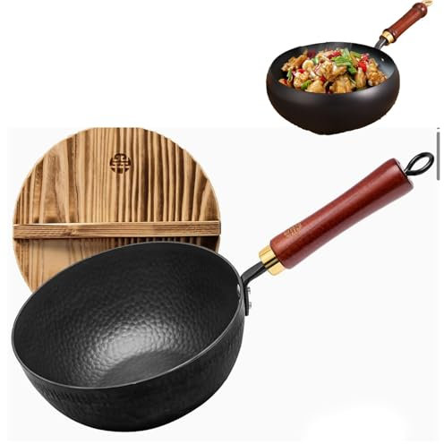 Poêle japonaise en fonte forgée à la main, 24 cm sans revêtement, poêle à revêtement antiadhésif avec couvercle en bois, poêle en fonte for une cuisson naturelle, cuisinière à gaz et cuisinière à indu
