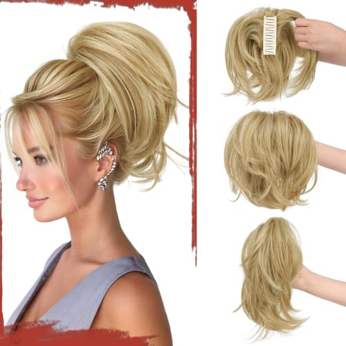 SOFEIYAN Claw Clip Short Ponytail Extension DIY Bendable Wires Hair Bun Fluffy Fake Hair Piece Straight Synthetic Hair Ponytail Extensions for Wonen - Honey Blonde/Platinum Blonde