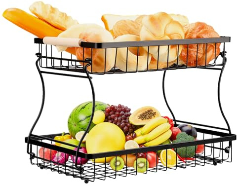 VINATO Corbeille à Fruits, 2 Étages en Métal – Panier à Fruits Moderne avec Poignées en Bois, Noir, pour Cuisine, Salle de Bain & Plus – Idéal pour Fruits, Légumes & Organisation