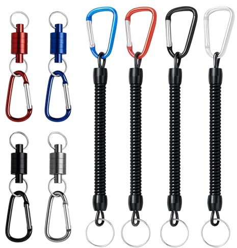KELAV 8-pack karbinhakar med magnetiska klämmor, liten och stretchig karbinhake, 120 cm dragsnöre, magnetiskt nätmonteringssystem för fisknät/tillbehör