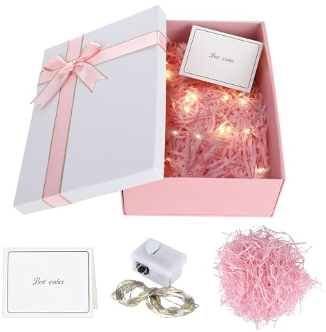 Geschenkbox mit Deckel, 25x18x8,5cm Geschenkkarton, Geschenkverpackung mit Schleife, Geschenkbox Geburtstag Set mit Raffia, Grußkarten, Licht, Geschenkschachtel für Hochzeit Valentinstag (Rosa)