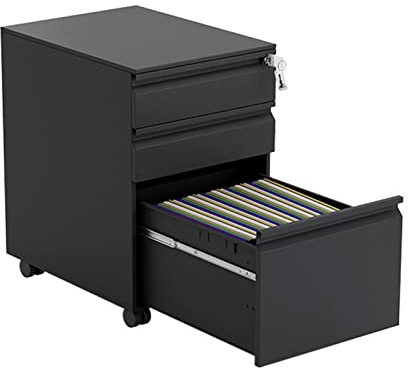 Armoire de rangement mobile en métal à 3 tiroirs avec serrure pour dossiers juridiques/lettres/A4 entièrement assemblée avec roulettes – Noir Office File nizer