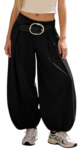 Xiaoxuemeng Baggy Wide Leg Pants Womens Cotton Barrel Pants High Waisted Balloon Pants with Pockets(0875-Black-L)