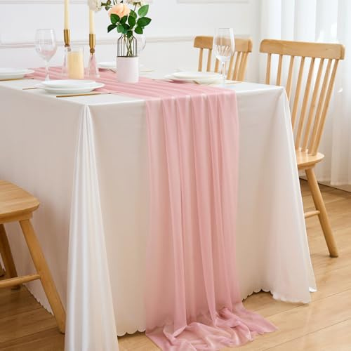 Bordslöpare rosa chiffong, 75 x 300 cm, bohemisk, rustik bomullsgas, köksbord, ostduk, dekoration, bordslöpare för bröllop, fest, födelsedag, babyshower