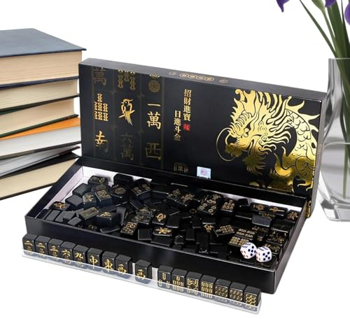 Renchey Jeu de Mahjong de Voyage - 144 Pièces Noires et Dorées Jeu Complet de Tuiles - de Mahjong pour Adultes avec 2 Dés et 4 Racks - pour Adultes Débutants, à la Maison, en Voyage, pour Fêtes et