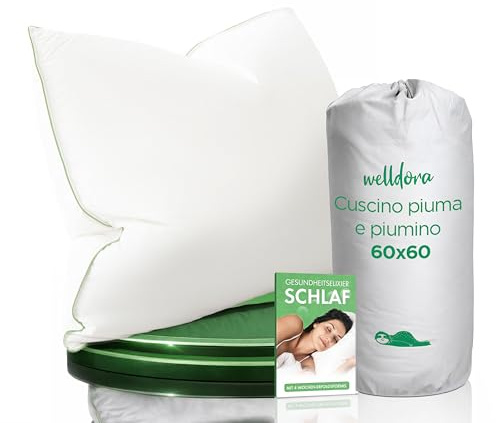 Welldora Cuscino 60x60 Alta Qualità | Cuscino Piuma d’Oca e Piumino 100% Naturali | Guanciale Cervicale Ergonomico 3 Camere Medio Duro Scientificamente Testato, Certificato Oeko-Tex. in Germania