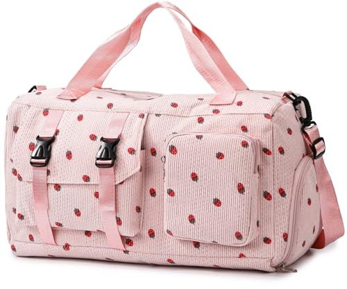 unisoul Corduroy Sports Gym Bag for Women Girls with Shoes Compartment | Foldable Strawberry Overnight Weekend Travel Bag, Wet Pocket, Cute Dance Swimming Bag with Luggage Sleeve, Pink