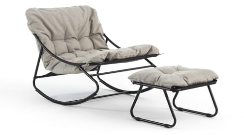 SIEDITI FUORI E DENTRO Poltrona a dondolo con poggiapiedi e cuscini imbottiti, sedia a dondolo da lettura e relax per veranda, terrazza - Adelaide (Beige)