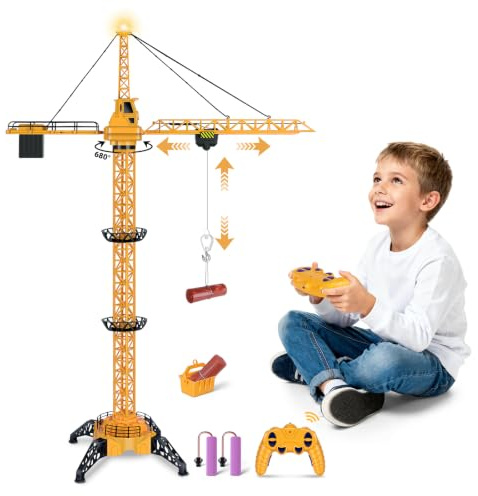 JONRRYIN Fjärrstyrd tornkran, 128 cm hög 2,4 Hz tornkran, 6 kanaler, tornkran, elektrisk, 680 graders RC byggkran med lyftkrok, tornkran, kanaler, ljud, för barn från 3 år