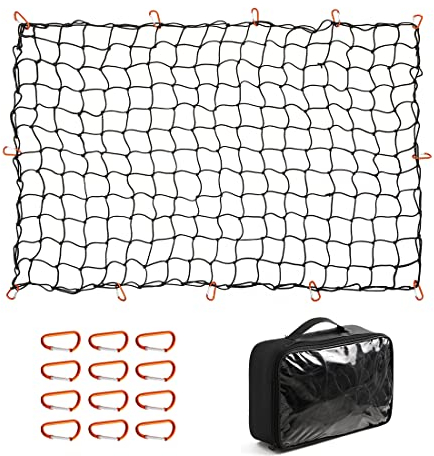 CZC AUTO Bungee Cargo Net 122x183cm Truck Bed Net Stretches to 244x366cm for Pickup Trailer RV SUV Boat | 10cm x 10cm Mesh Net Hold Small and Large |12 Tangle Free Carabiners | Super Duty