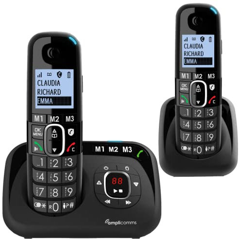 Amplicomms BigTel 1582 Cordless Big Button Phone for Elderly with Answer Machine Plus Additional Handset - Loud Phones for Hard of Hearing - Hearing Aid Compatible Phones - Cordless Number Telephone