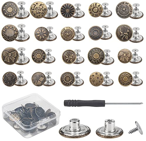 RSXING 24 Sets Ersatz Jeansknöpfe Jeans Knöpfe 17 mm und 20 mm, ohne Nähen sofort abnehmbare Hosenknopfstifte, abnehmbarer Metallknopf zum Verlängern oder Verkleinern der Hosenbundweite