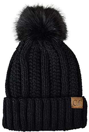 C.C Thick Cable Knit Faux Fuzzy Fur Pom Fleece Lined Skull Cap Cuff Beanie, Chenille Black Pom