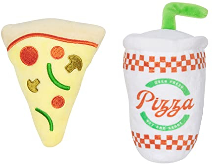 Pearhead Puperoni Hundespielzeug, 2er Set, Plüsch-Kauspielzeug für Haustiere, Pizza und Getränk, Hundespielzeug-Set, Must Have Haustierzubehör für Hundebesitzer, Quietschspielzeug 2er Set