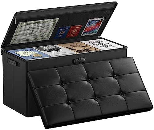 DocSafe Storage Ottoman Bench with Lock,Fireproof 30 Inches Folding Bench Foot Rest Stool Storage Chest Safe for Living Room,Bedroom,Home Office,Waterproof Leather Ottoman with Handles,Black