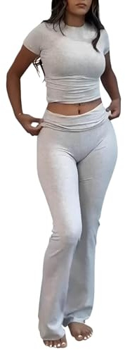 AYWA Women's 2 Piece Lounge Sets Short Sleeve Crop Top Foldover Flare Pants Casual Pajama Outfits (Light Heather Grey, Large)