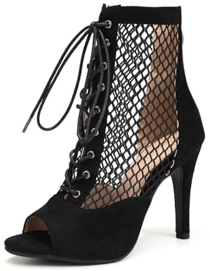 Uonpie Peep Toe Stivali 10cm Tacco in Scamosciata a Rete Scarpe da Ballo Latino Salsa Tango Bachata,Nero,40EU