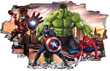 Grenric Autocollant Mural 3D Super-Héros pour Chambre d'Enfant, Décoration Murale, Poster de Dessin Animé