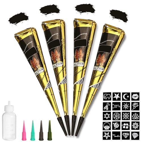 Black Tattoo Cones, Yomagine 4Pcs Black Temporary Tattoo Kit, 100% Natural Ready to Use Tattoo Paste, India Body DIY Art Painting for Women Men Teen with 20 Adhesive Stencils, 1 Bottle, 4Nozzles