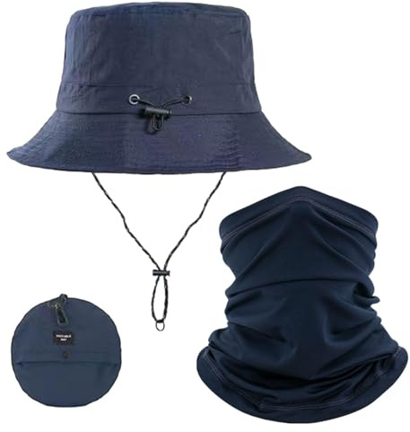 ZGDEIWGF Sombrero de Verano para Hombre con Máscara de Protección Solar, Plegable, Ajustable de Pescador para Viaje, Azul Marino, S/M