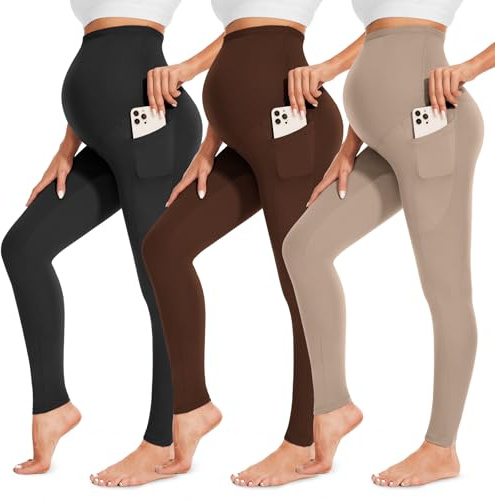 FULLSOFT Paquete de 3 Leggings de Maternidad para Mujer sobre el Vientre, Cintura Alta, Entrenamiento, Embarazo, Yoga, Pantalones con Bolsillos