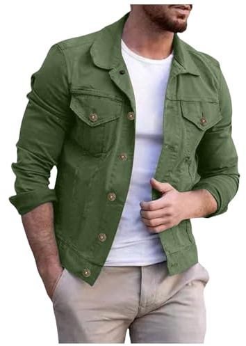 Duohropke Men's Denim Jacket, Basic Jeans Jacket, Casual Outwear, Baggy Denim Jacket with Stand-up Collar, Green, L