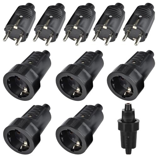 SPORWAY 5 Paar Schuko Stecker Kupplung: 250V 16A IP44 Schutzkontakt Stecker, Gummi Schukokupplung Set, 2-Polig Aussen Wasserdicht Schukostecker ohne Kabel für Außenbereich(Schwarz)